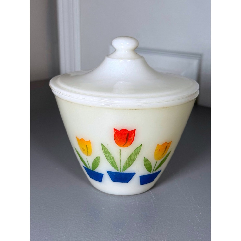 Vintage Fire-King Tulip Milk Glass Grease Jar with Lid 1950's MCM Kitchenware
